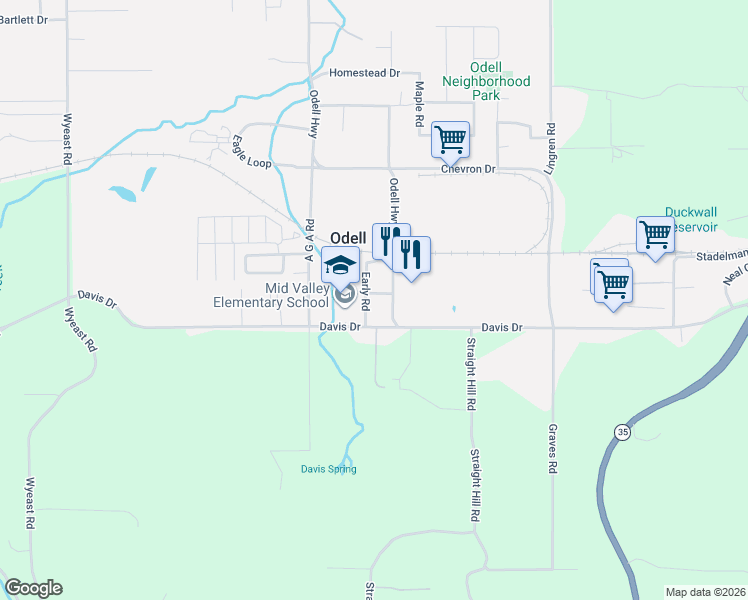 map of restaurants, bars, coffee shops, grocery stores, and more near 3666 Atkinson Drive in Odell