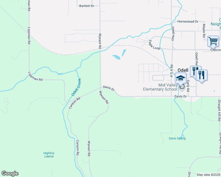 map of restaurants, bars, coffee shops, grocery stores, and more near 3841 Davis Drive in Hood River
