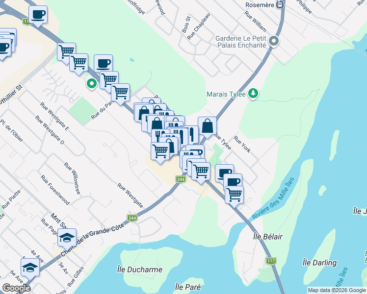 map of restaurants, bars, coffee shops, grocery stores, and more near 214 Boulevard Labelle in Rosemère