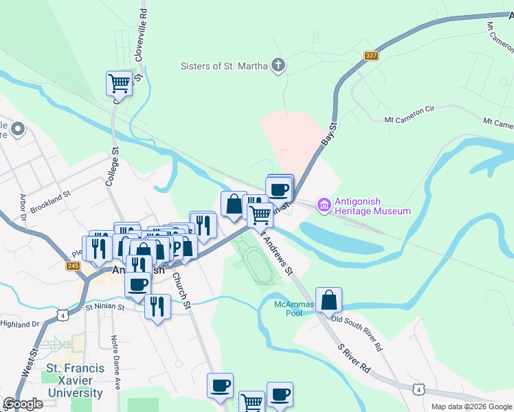 map of restaurants, bars, coffee shops, grocery stores, and more near 4 Haley Road in Antigonish