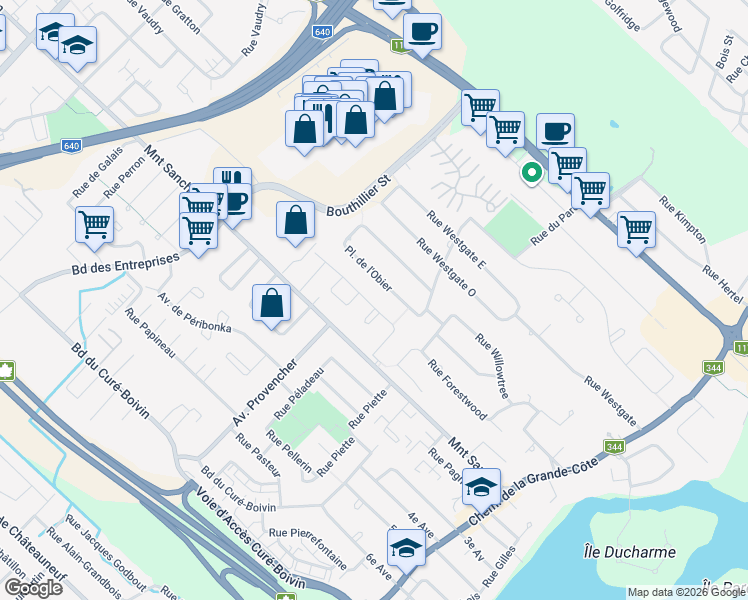 map of restaurants, bars, coffee shops, grocery stores, and more near 335 Rue des Mélèzes in Rosemère