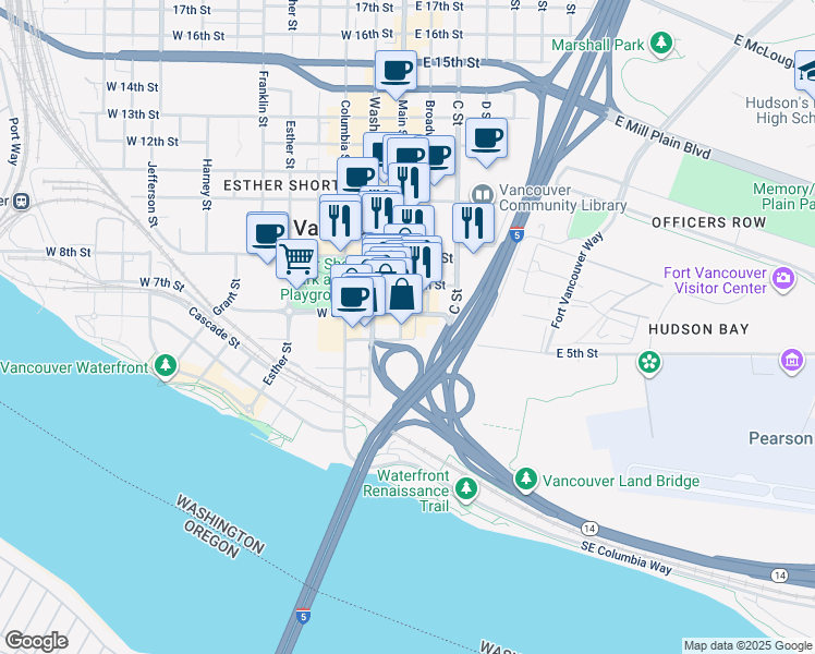 map of restaurants, bars, coffee shops, grocery stores, and more near 101 East 6th Street in Vancouver