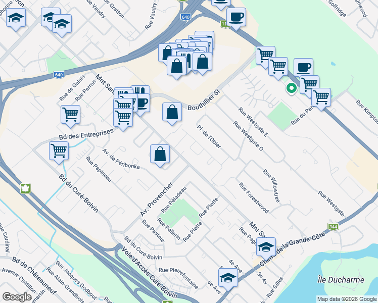map of restaurants, bars, coffee shops, grocery stores, and more near 360 Rue des Mélèzes in Rosemère