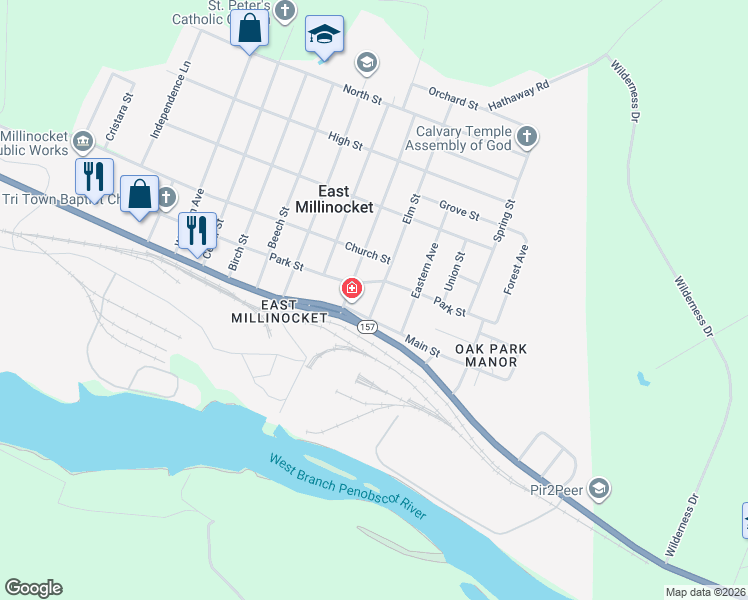 map of restaurants, bars, coffee shops, grocery stores, and more near 4 Elm Street in East Millinocket