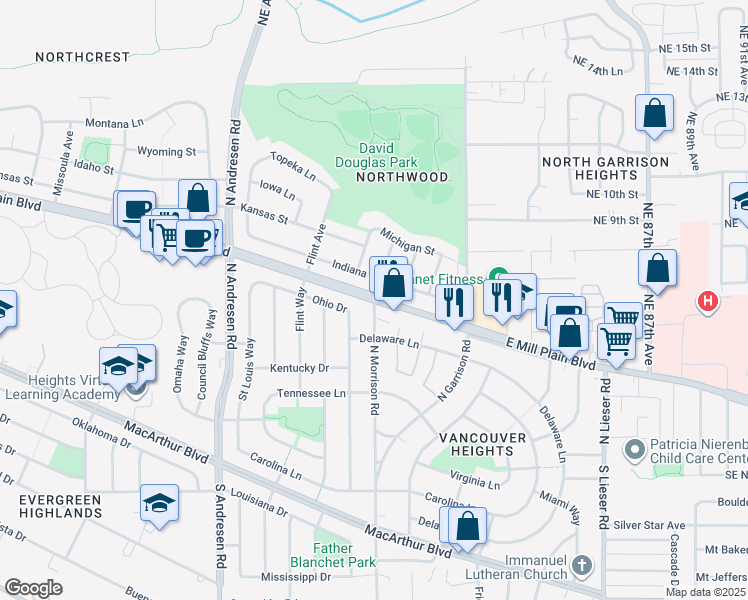 map of restaurants, bars, coffee shops, grocery stores, and more near E Mill Plain Blvd & N Morrison Rd in Vancouver