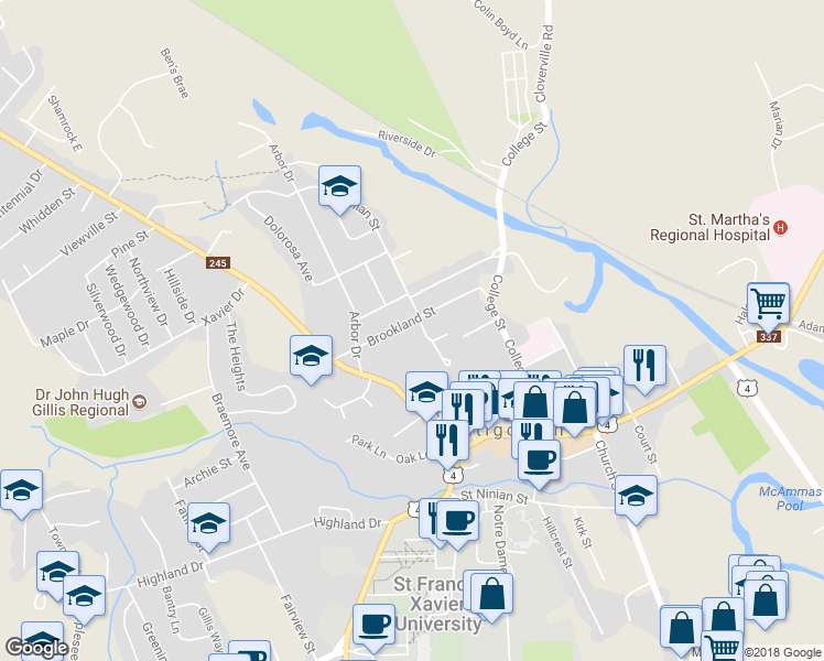 map of restaurants, bars, coffee shops, grocery stores, and more near 77 Brookland Street in Antigonish