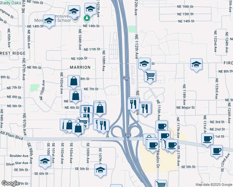 map of restaurants, bars, coffee shops, grocery stores, and more near 10920 Northeast 6th Street in Vancouver