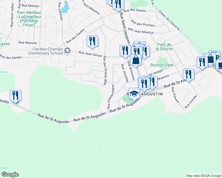 map of restaurants, bars, coffee shops, grocery stores, and more near 8008 Rue Charlemagne in Mirabel