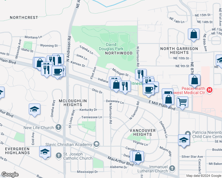 map of restaurants, bars, coffee shops, grocery stores, and more near 617 North Morrison Road in Vancouver