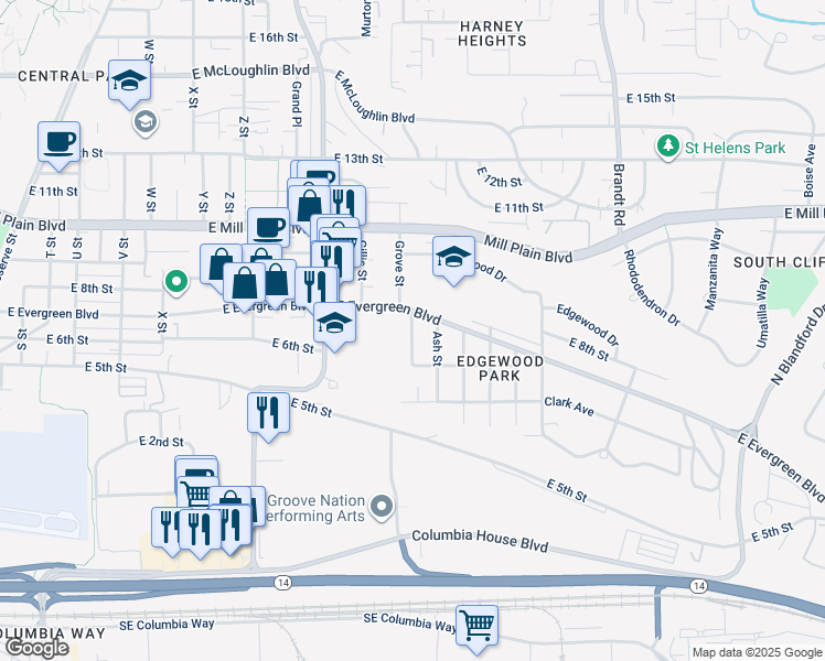 map of restaurants, bars, coffee shops, grocery stores, and more near 627 Martin Way in Vancouver
