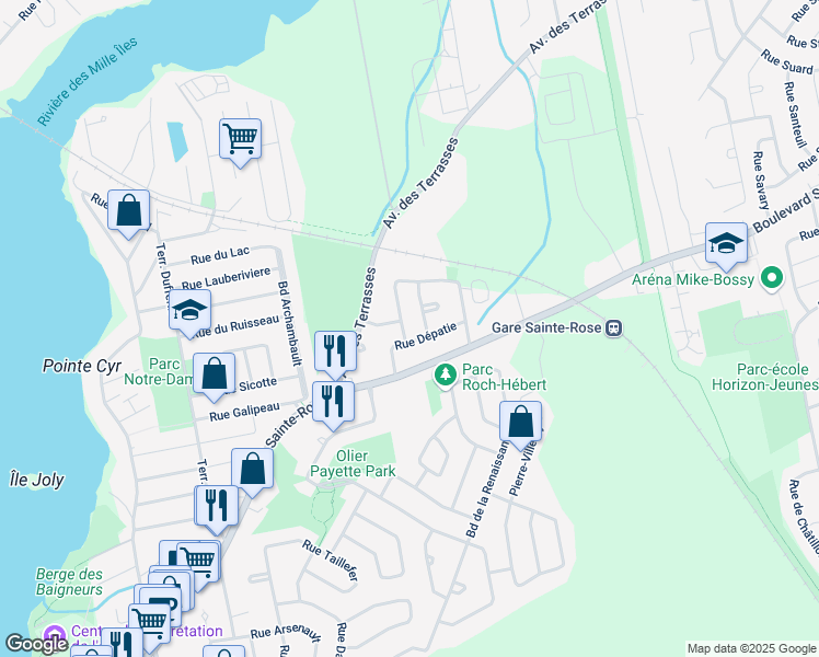 map of restaurants, bars, coffee shops, grocery stores, and more near 39 Rue Laguerrier in Laval