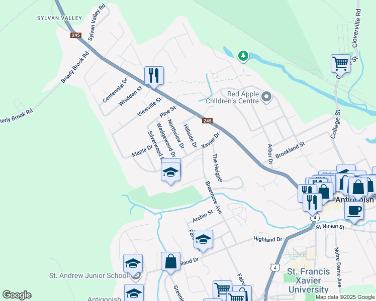 map of restaurants, bars, coffee shops, grocery stores, and more near 22 Xavier Drive in Antigonish