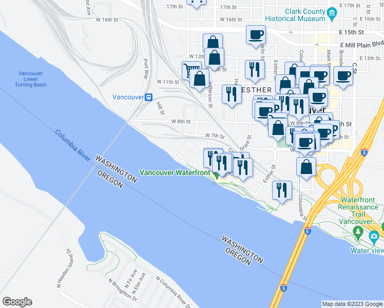 map of restaurants, bars, coffee shops, grocery stores, and more near 1111 West Columbia Way in Vancouver