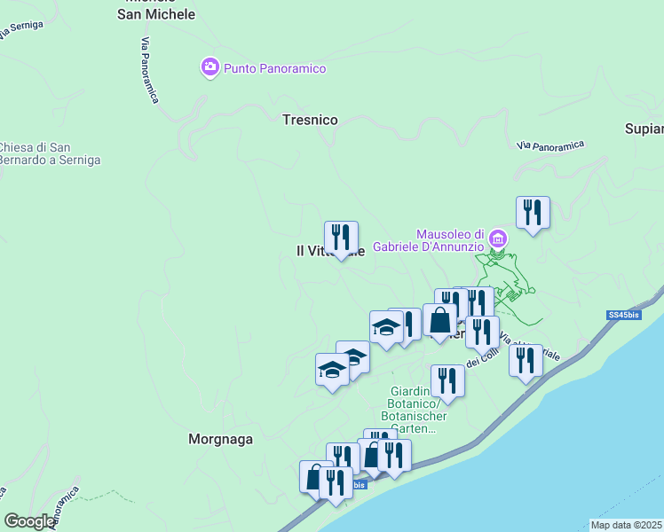 map of restaurants, bars, coffee shops, grocery stores, and more near 35 Via Dosso in Gardone Riviera