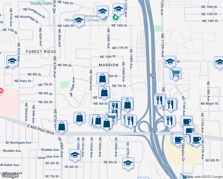map of restaurants, bars, coffee shops, grocery stores, and more near 609 Northeast 104th Avenue in Vancouver