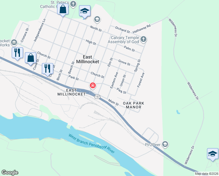 map of restaurants, bars, coffee shops, grocery stores, and more near 8 Eastern Avenue in East Millinocket