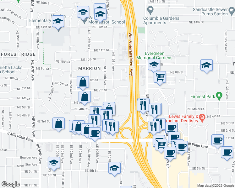 map of restaurants, bars, coffee shops, grocery stores, and more near 10802 Northeast 6th Street in Vancouver