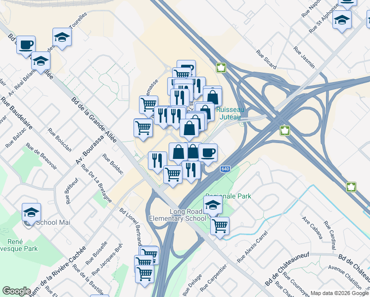 map of restaurants, bars, coffee shops, grocery stores, and more near 2525 Rue d'Annemasse in Boisbriand