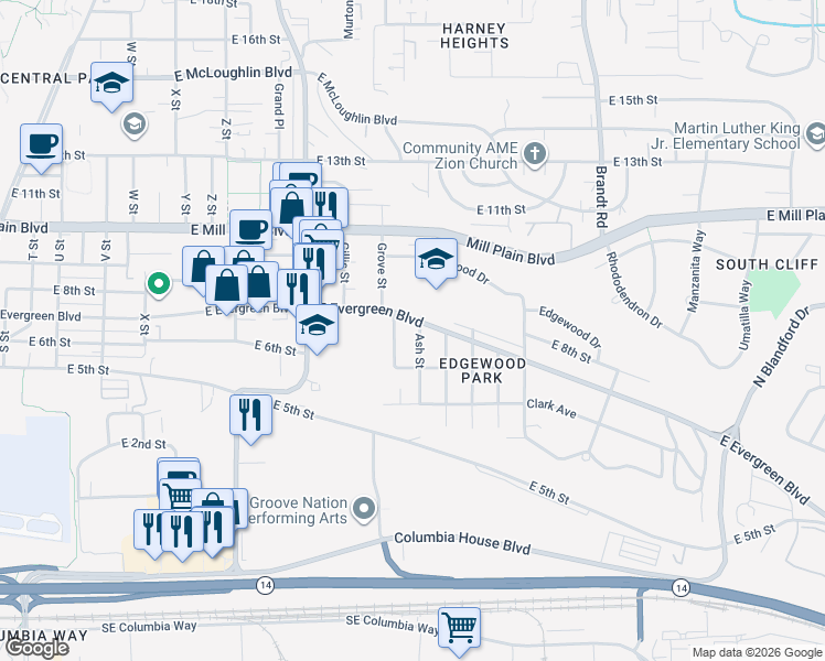 map of restaurants, bars, coffee shops, grocery stores, and more near 627 Martin Way in Vancouver