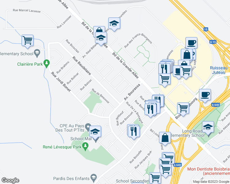 map of restaurants, bars, coffee shops, grocery stores, and more near 3303 Rue Boisclair in Boisbriand