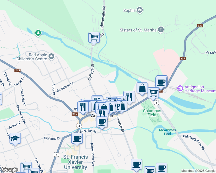 map of restaurants, bars, coffee shops, grocery stores, and more near 64 Victoria Street in Antigonish