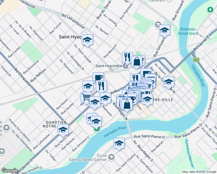 map of restaurants, bars, coffee shops, grocery stores, and more near 1096 Avenue Saint-Dominique in Saint-Hyacinthe