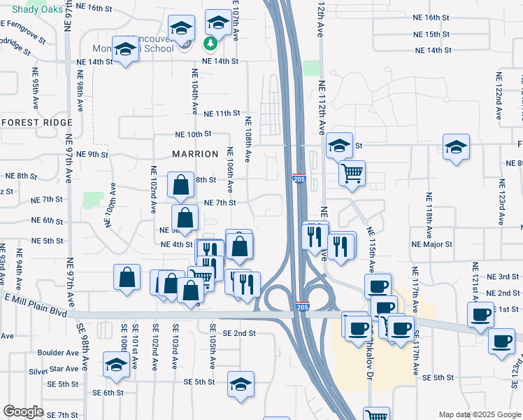 map of restaurants, bars, coffee shops, grocery stores, and more near 10802 Northeast 6th Street in Vancouver