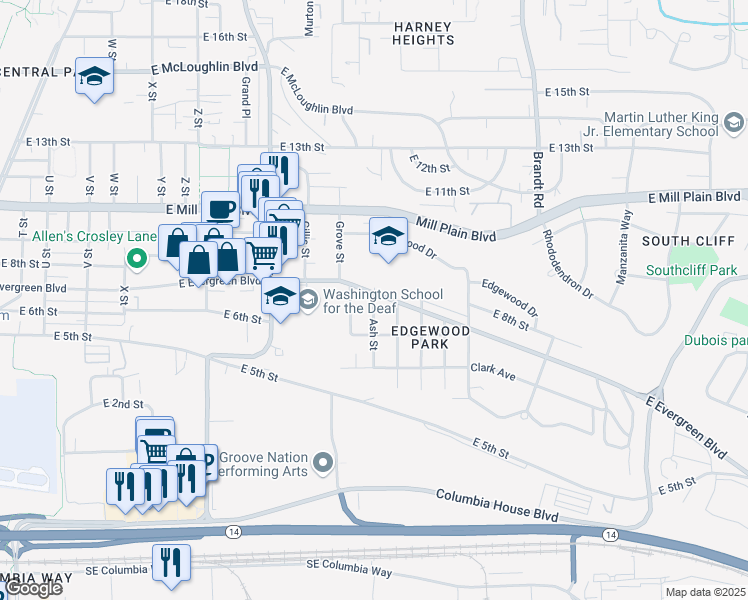 map of restaurants, bars, coffee shops, grocery stores, and more near 3312 East Evergreen Boulevard in Vancouver