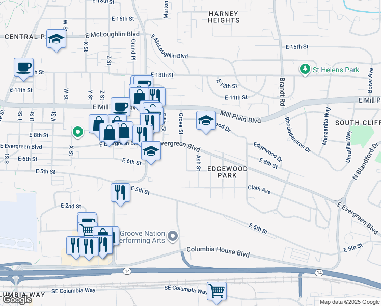 map of restaurants, bars, coffee shops, grocery stores, and more near 627 Martin Way in Vancouver