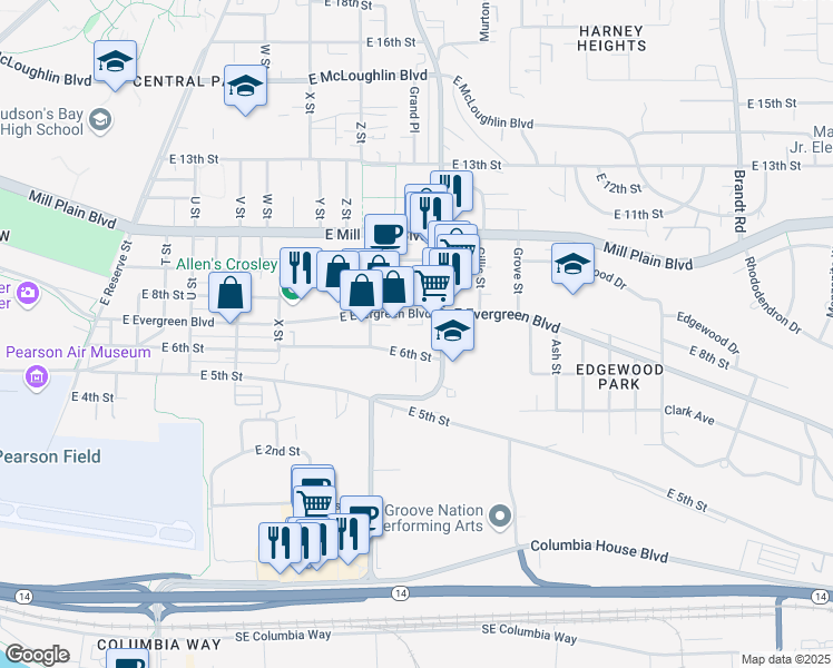 map of restaurants, bars, coffee shops, grocery stores, and more near 2811 East Evergreen Boulevard in Vancouver
