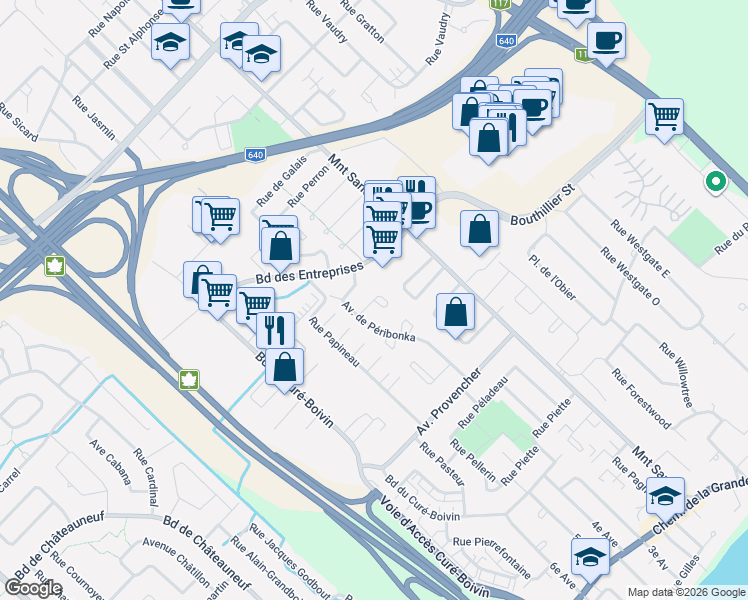 map of restaurants, bars, coffee shops, grocery stores, and more near Impasse Picasso in Boisbriand