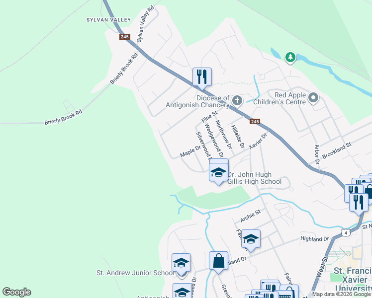 map of restaurants, bars, coffee shops, grocery stores, and more near 36 Maple Drive in Antigonish