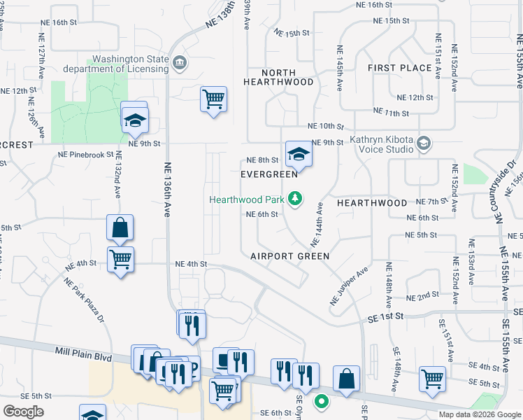 map of restaurants, bars, coffee shops, grocery stores, and more near 13910 Northeast 6th Street in Vancouver