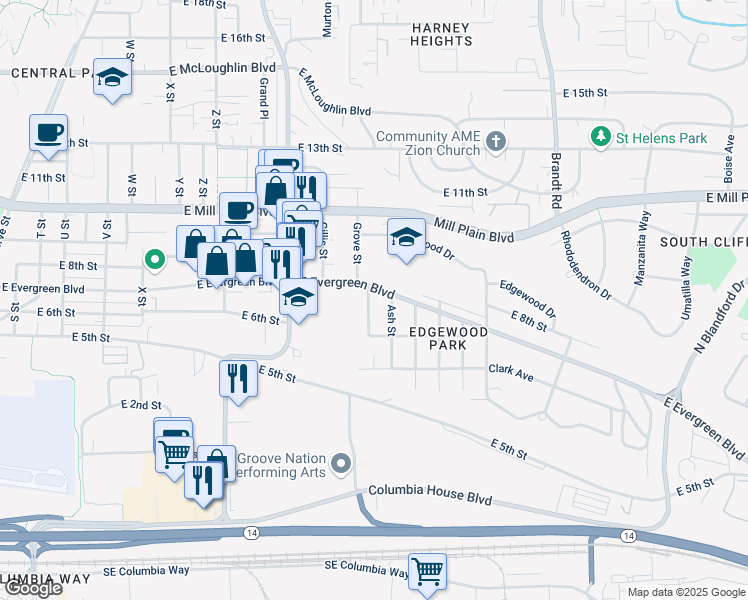 map of restaurants, bars, coffee shops, grocery stores, and more near 627 Martin Way in Vancouver