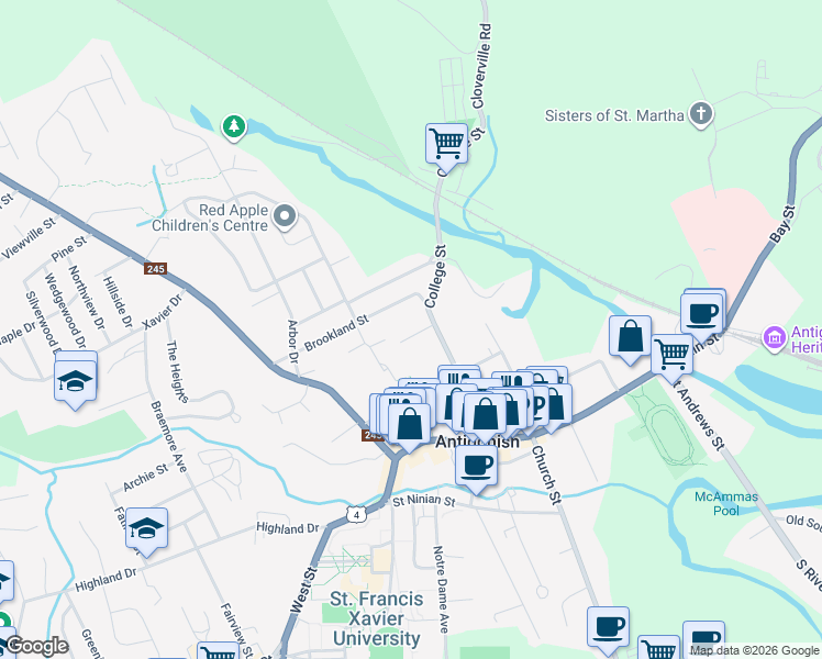 map of restaurants, bars, coffee shops, grocery stores, and more near 10 Malcolm Court in Antigonish