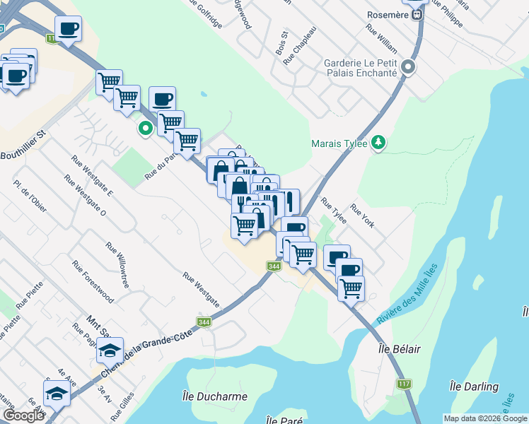 map of restaurants, bars, coffee shops, grocery stores, and more near 220 Boulevard Labelle in Rosemère
