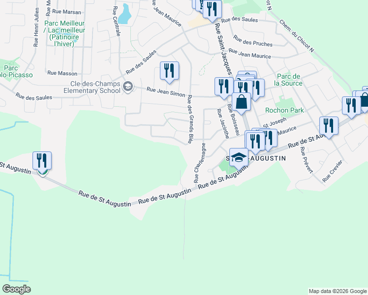 map of restaurants, bars, coffee shops, grocery stores, and more near 8035 Rue des Grands Blés in Mirabel