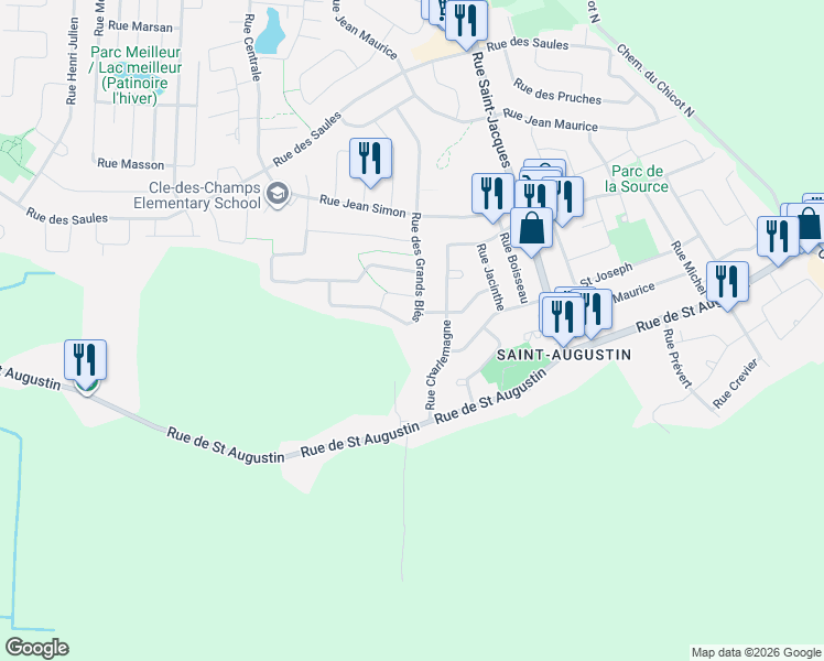 map of restaurants, bars, coffee shops, grocery stores, and more near 8045 Rue des Grands Blés in Mirabel