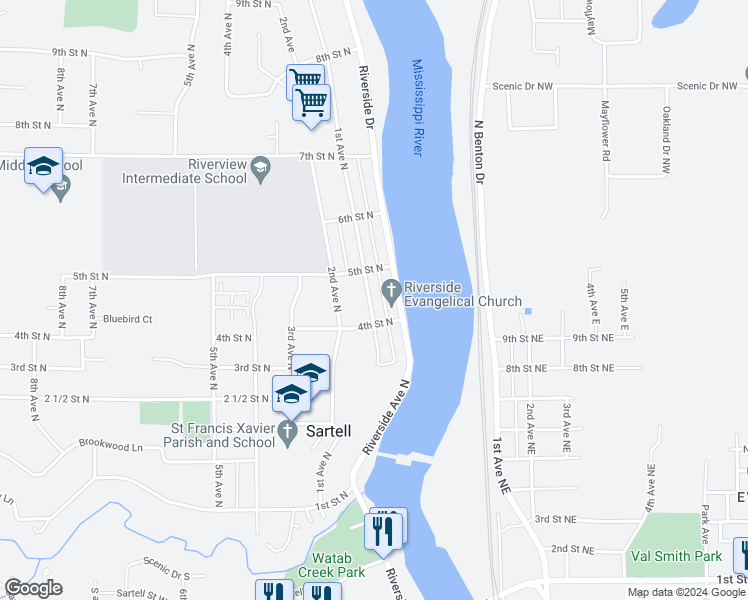 map of restaurants, bars, coffee shops, grocery stores, and more near 406 1st Avenue North in Sartell