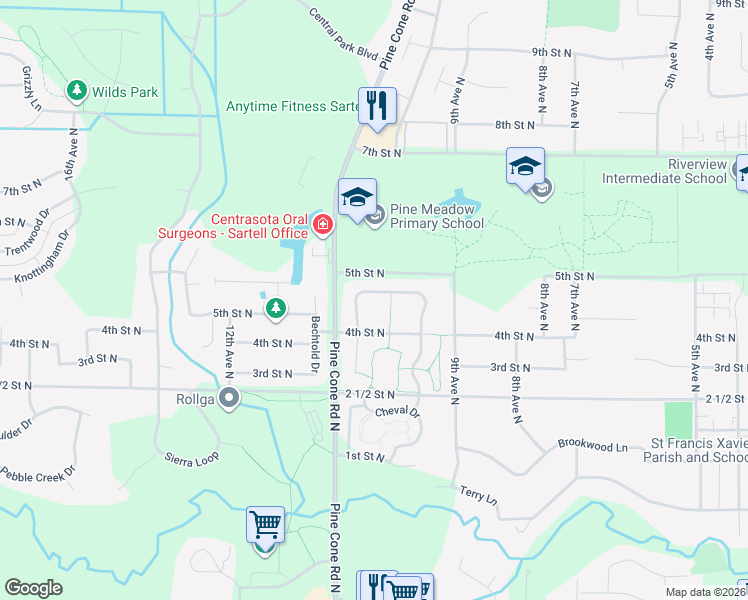 map of restaurants, bars, coffee shops, grocery stores, and more near 1054 11th Avenue North in Sartell