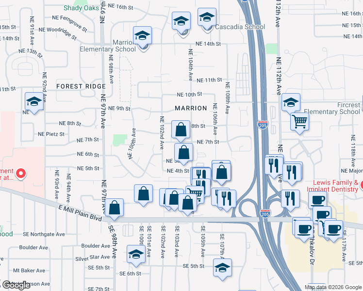 map of restaurants, bars, coffee shops, grocery stores, and more near 615 Northeast 103rd Court in Vancouver