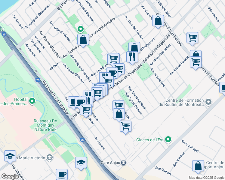 map of restaurants, bars, coffee shops, grocery stores, and more near 7520 Boulevard Maurice-Duplessis in Montréal