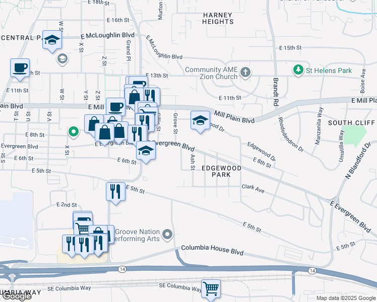 map of restaurants, bars, coffee shops, grocery stores, and more near 627 Martin Way in Vancouver