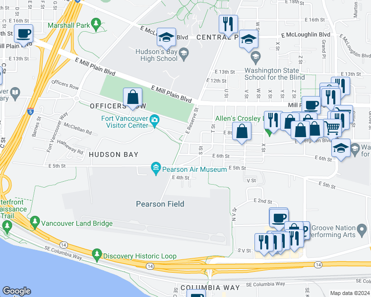 map of restaurants, bars, coffee shops, grocery stores, and more near 608 R Street in Vancouver