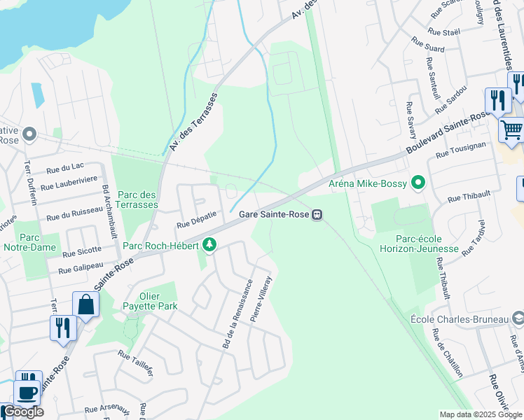 map of restaurants, bars, coffee shops, grocery stores, and more near 60 Boulevard Sainte-Rose Est in Laval