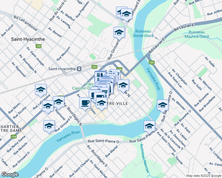 map of restaurants, bars, coffee shops, grocery stores, and more near 1280 Rue Des Cascades O in Saint-Hyacinthe