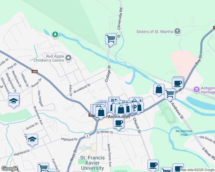 map of restaurants, bars, coffee shops, grocery stores, and more near College Street in Antigonish