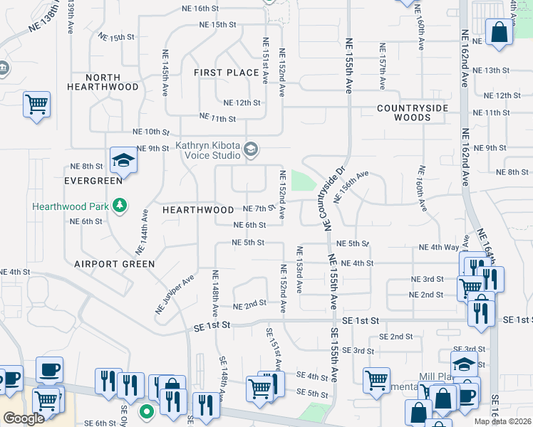 map of restaurants, bars, coffee shops, grocery stores, and more near 15013 Northeast 7th Street in Vancouver