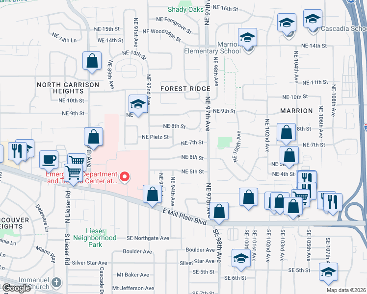 map of restaurants, bars, coffee shops, grocery stores, and more near 9505 Northeast 7th Street in Vancouver