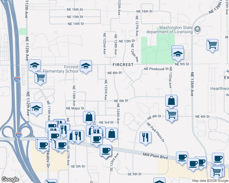 map of restaurants, bars, coffee shops, grocery stores, and more near 608 Northeast 124th Avenue in Vancouver